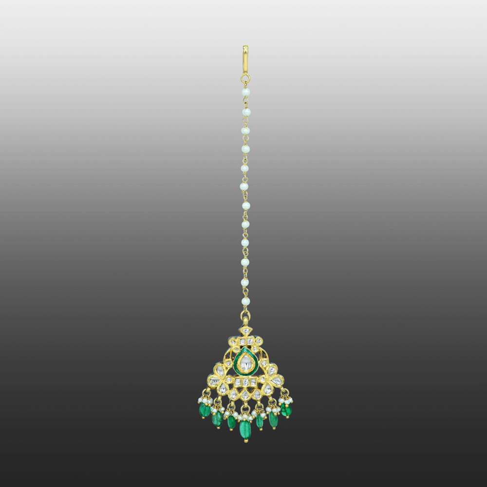 Green Enamel Polki Mangtikka with Pearl and Emerald Drops